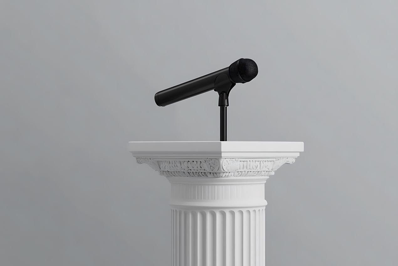 Ein schwarzes Mikrofon auf einem weißen Podium – Symbol für die Professionalität und Bedeutung des Berufs Trauerredner werden