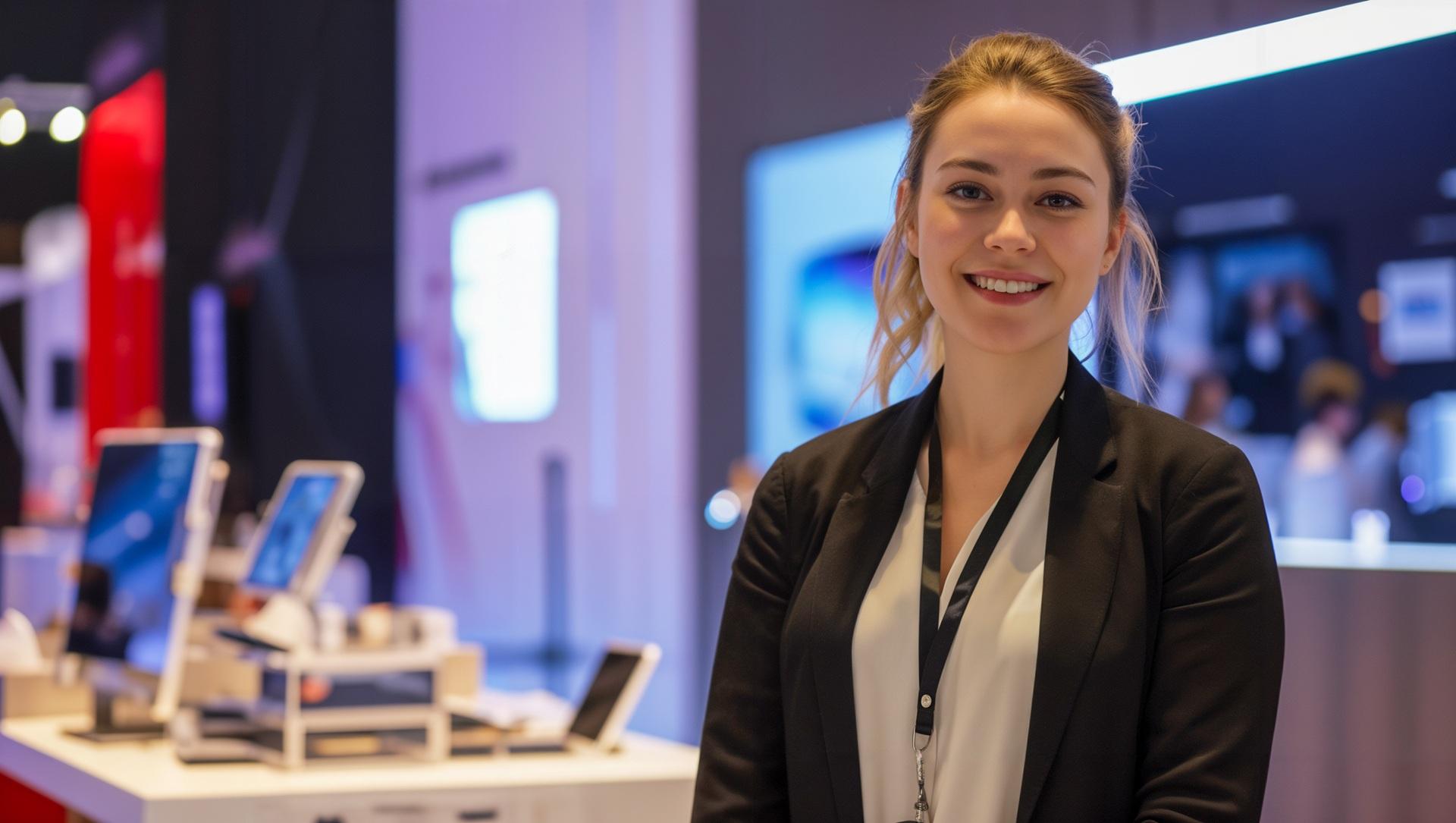 Mitarbeiterin am Präsentationsstand | Traverse-Messestand 
