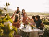 Freunde und Familie sitzen an gedecktem Tisch im Garten und stoßen auf den Abend an | Poolzubehör