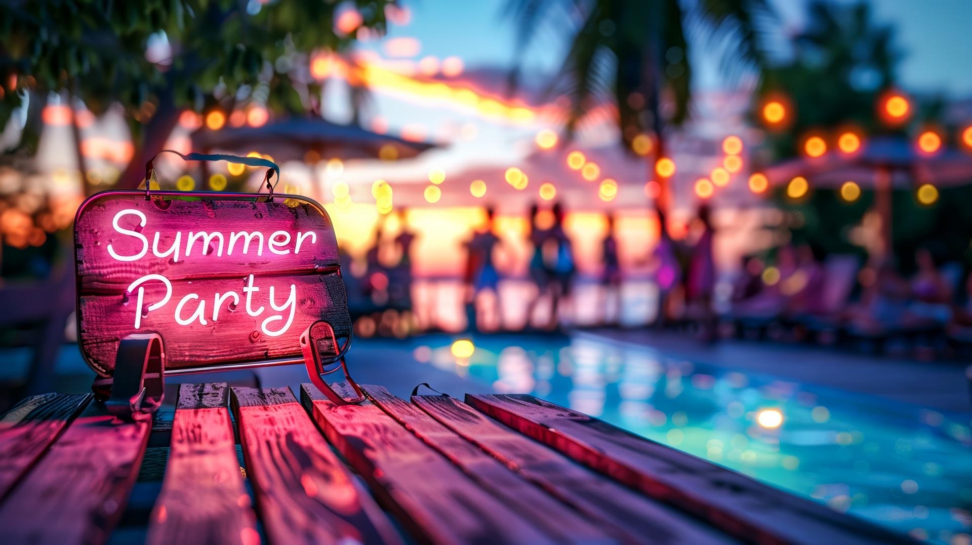 Leuchtendes Summer-Party-Schild am Pool mit bunten Lichtern bei Sonnenuntergang | Poolzubehör