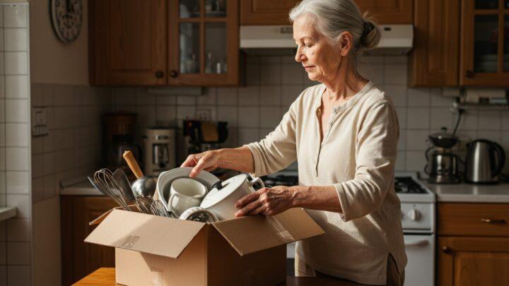 Seniorin packt Geschirr in Karton | Papierpolster